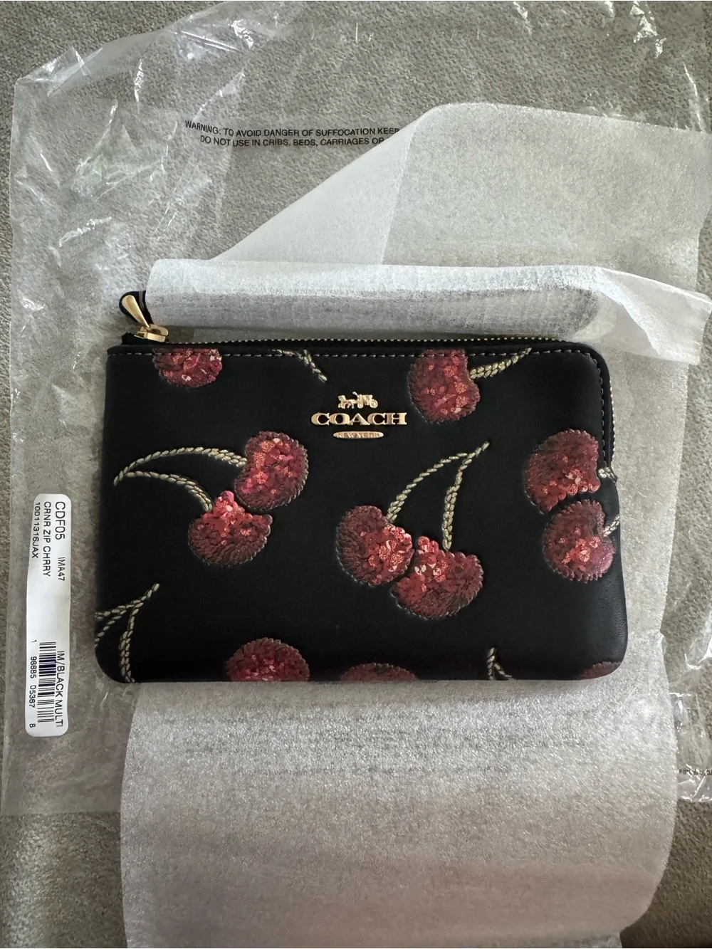 NWT Coach Black Cherry Sequin Leather Wristlet